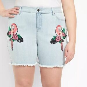 Lane Bryant Light Wash Embroidered Parrot Mid Rise Boyfriend Midi Shorts-Size 18
